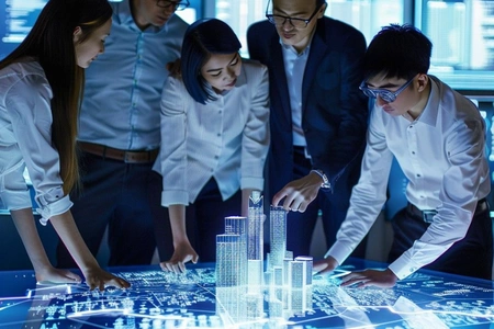 Cloud consultants reviewing an architecture plan together in a meeting room