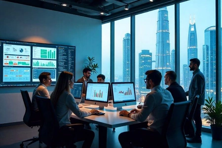 Technology leaders reviewing cloud performance dashboards together