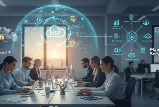 Business team planning cloud strategy around a laptop