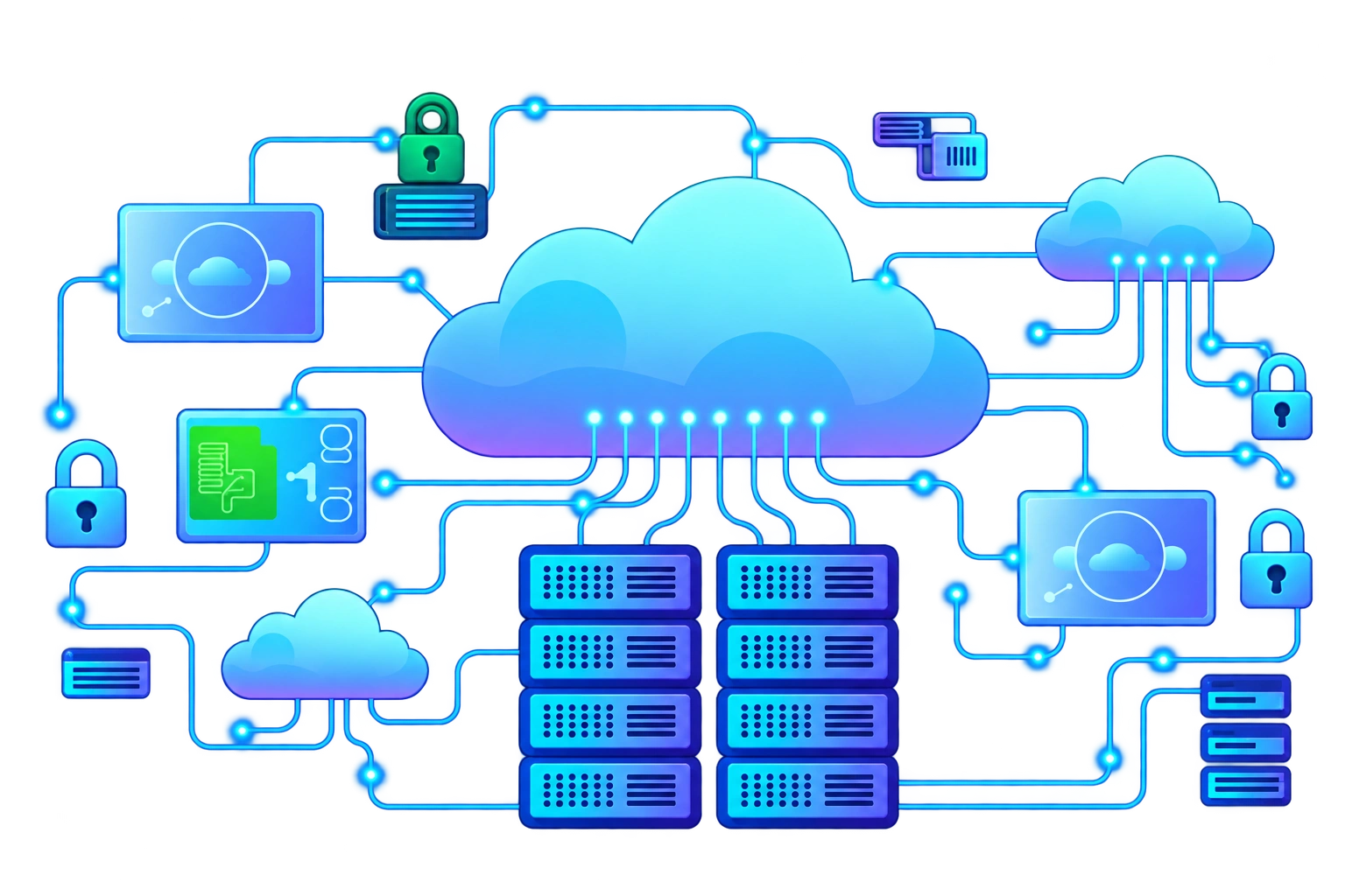 Cloud managed services infrastructure with servers, security controls and connected cloud platforms