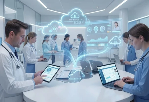 Healthcare professionals using digital systems in a clinical setting