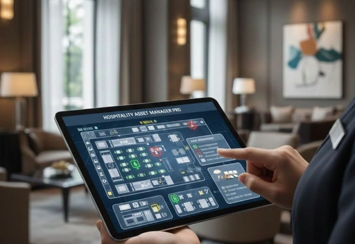 Hotel reservation and property management system on a front desk screen