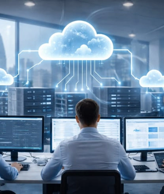 IT and cloud engineering team reviewing infrastructure on screens