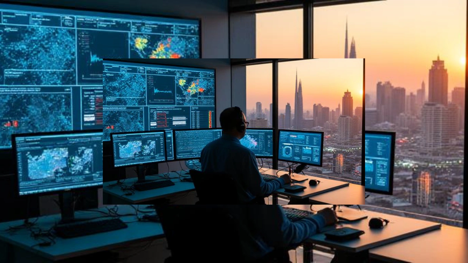 AI-powered emergency dispatch command center with dispatcher monitoring live incidents