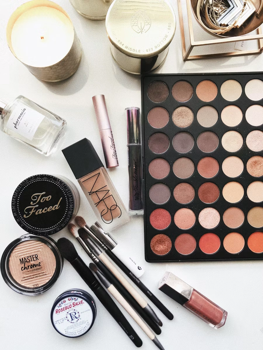 Beauty and cosmetics products arranged for display