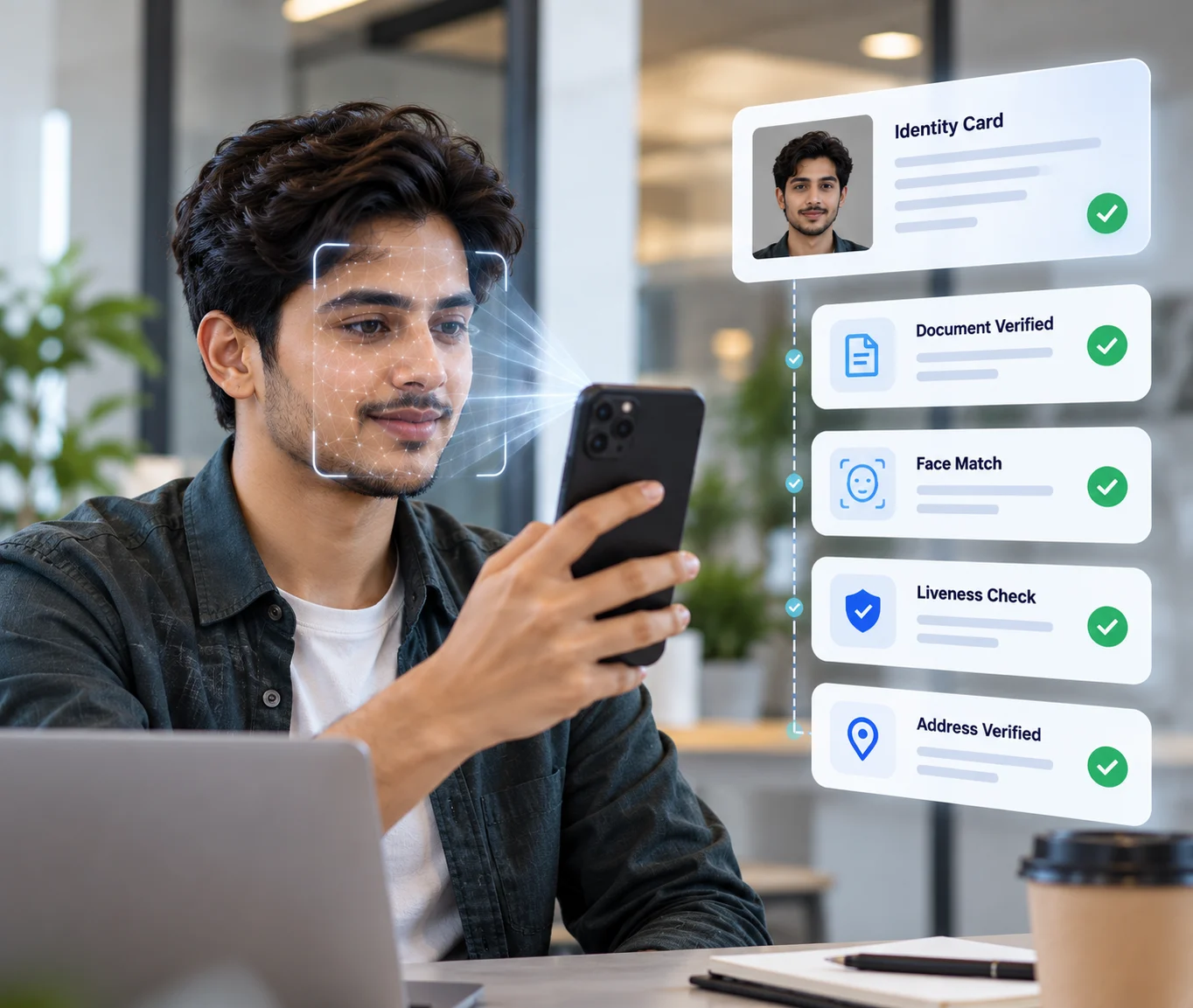 Mobile identity verification showing a scanned ID document, face match and approval check