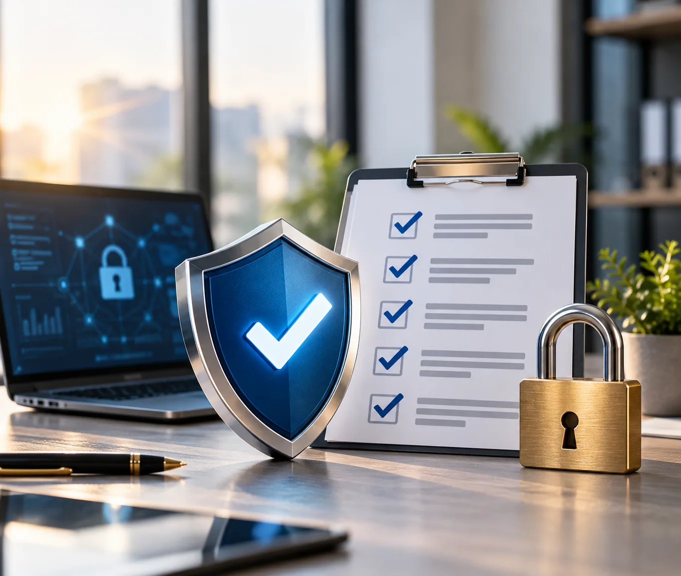 Security shield with a verified check, a compliance checklist and a padlock