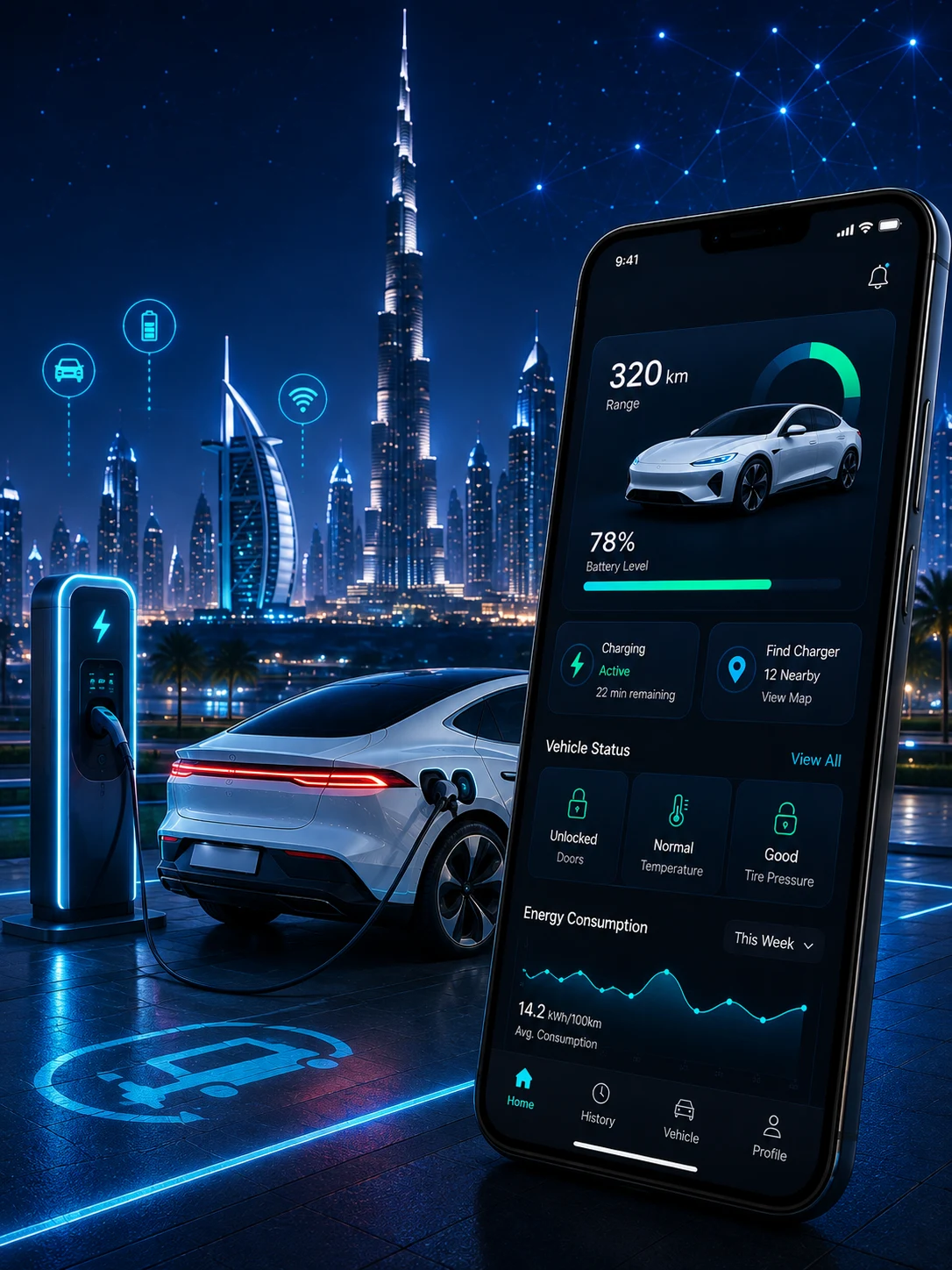 EV charging mobile app screen showing nearby charging stations, battery status and quick payment
