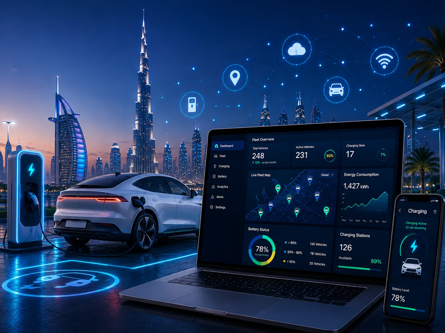 EV software consultation illustration with connected vehicle, charger and dashboard icons