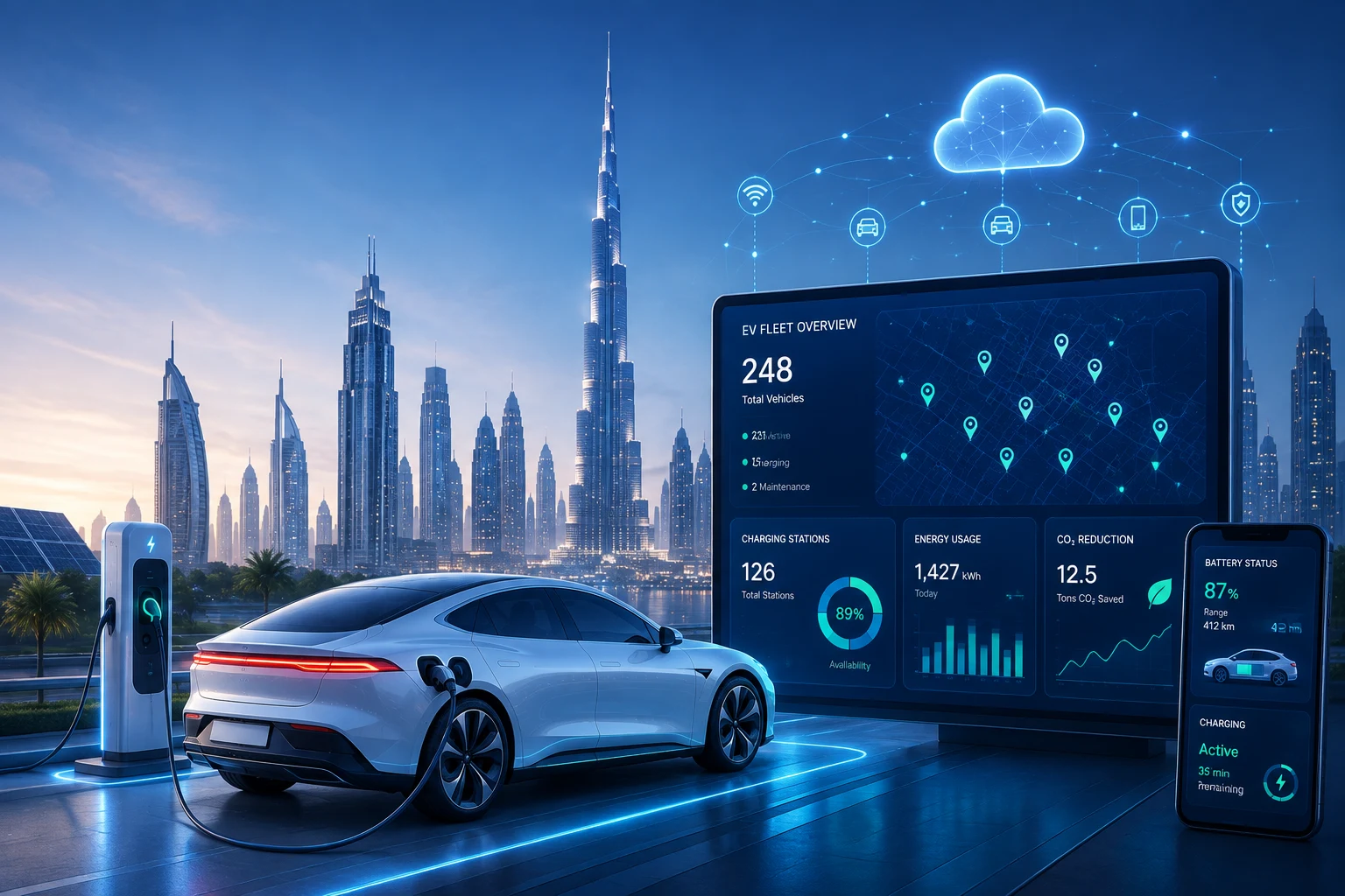 Connected EV ecosystem diagram linking vehicles, chargers, batteries, fleet operations and cloud analytics