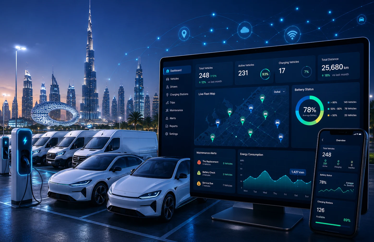 EV fleet map dashboard with live vehicle tracking, route markers and fleet utilization metrics