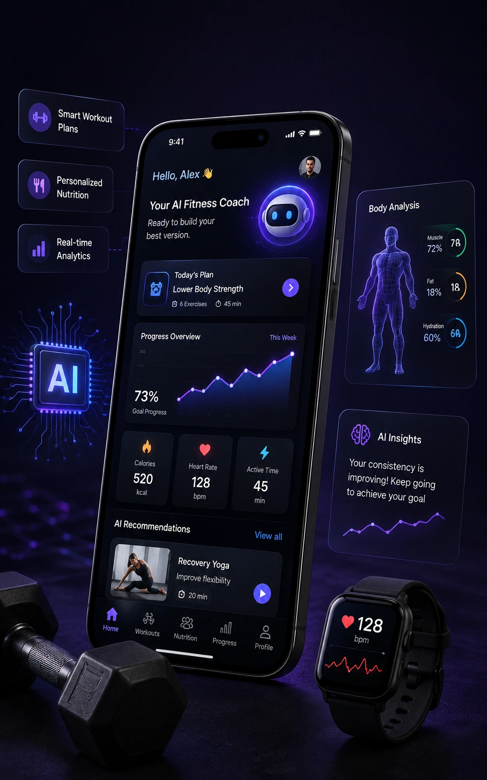 AI-generated workout recommendation screen inside a fitness app
