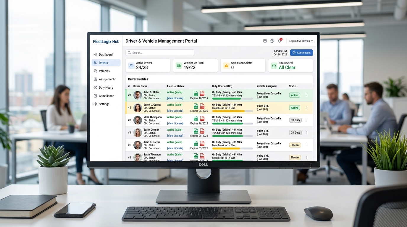 Driver and Vehicle Management Software portal with profiles and assignments