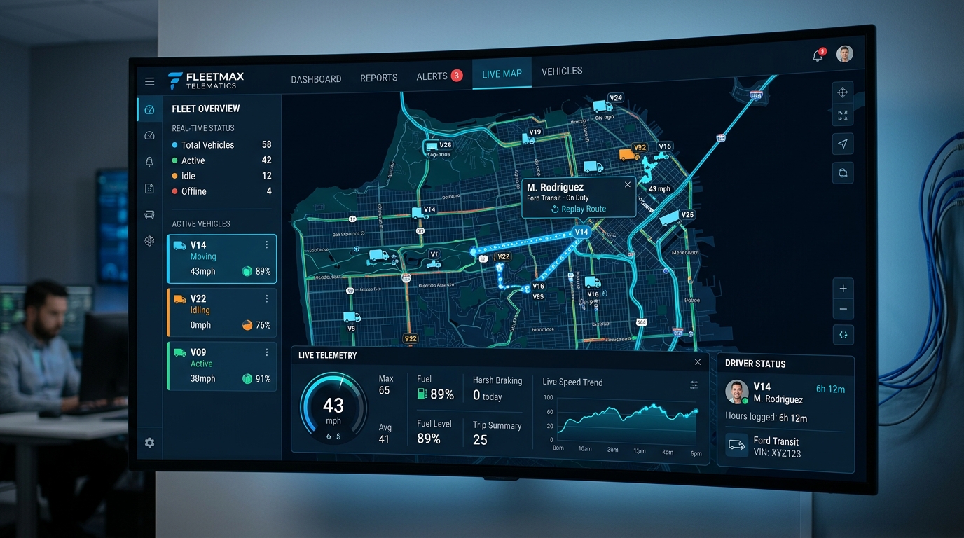 Fleet Tracking and Monitoring Software with real-time GPS telematics map