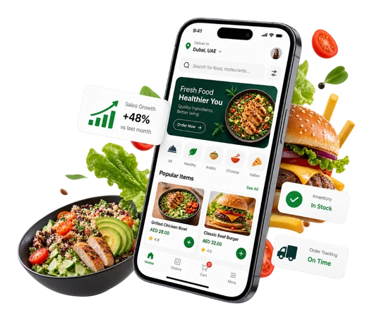 Food delivery app interface on smartphone with fresh ingredients
