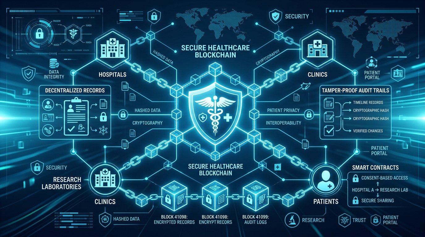 Healthcare blockchain technology showing decentralized records, security, and smart contracts