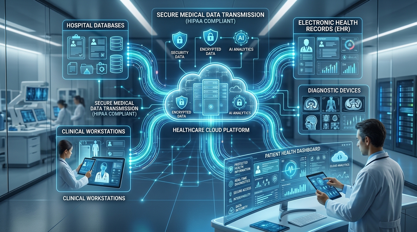 Healthcare cloud computing architecture showing secure data transmission, EHR, and clinical dashboards