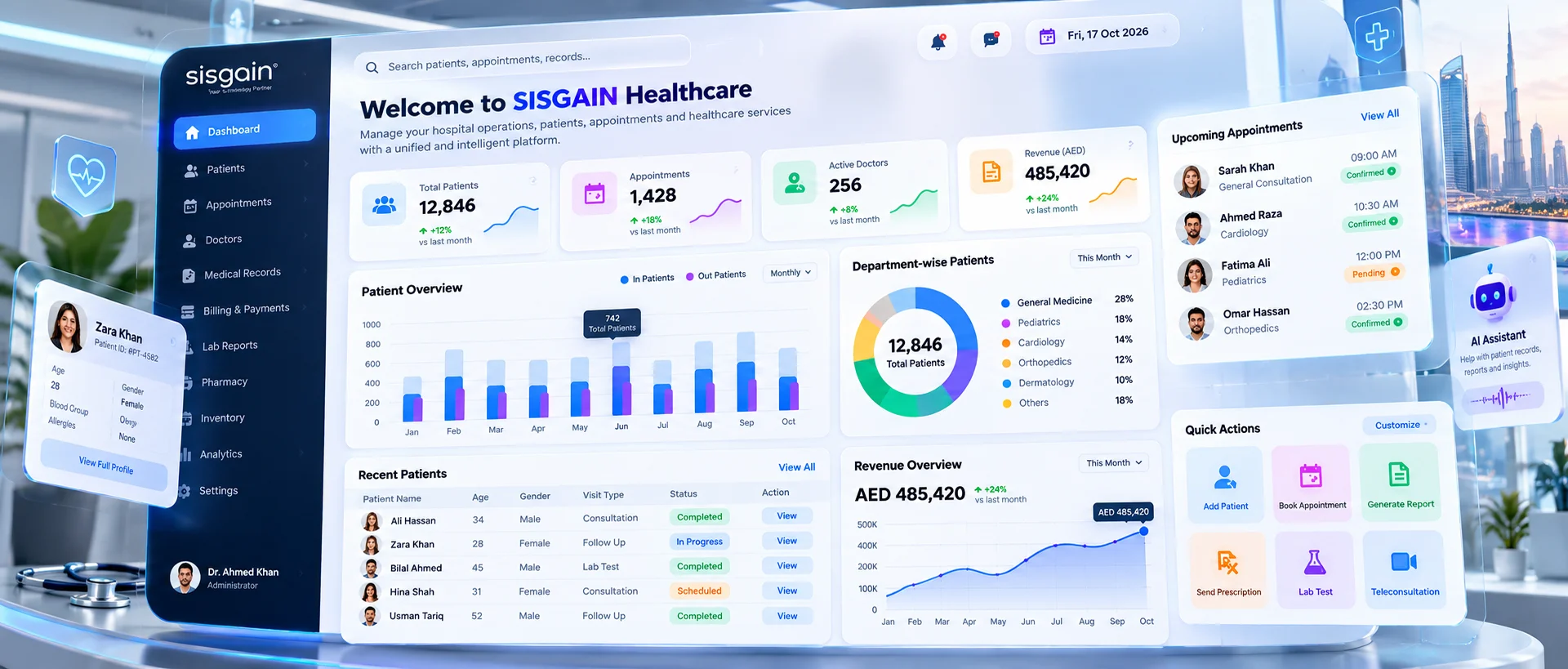 Healthcare software development dashboard interface with patient analytics, appointment scheduling, and electronic health records