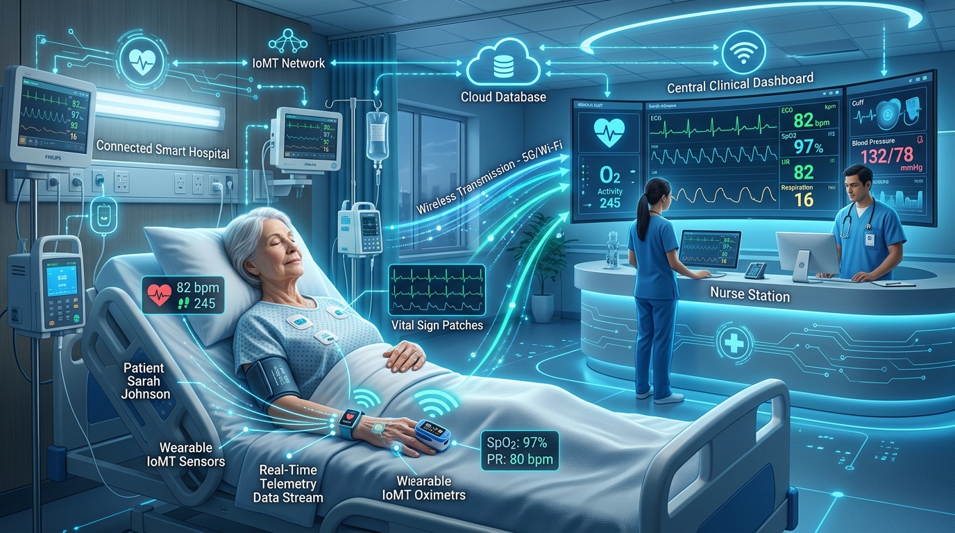 Internet of Medical Things showing connected medical devices, wearable sensors, and remote patient monitoring