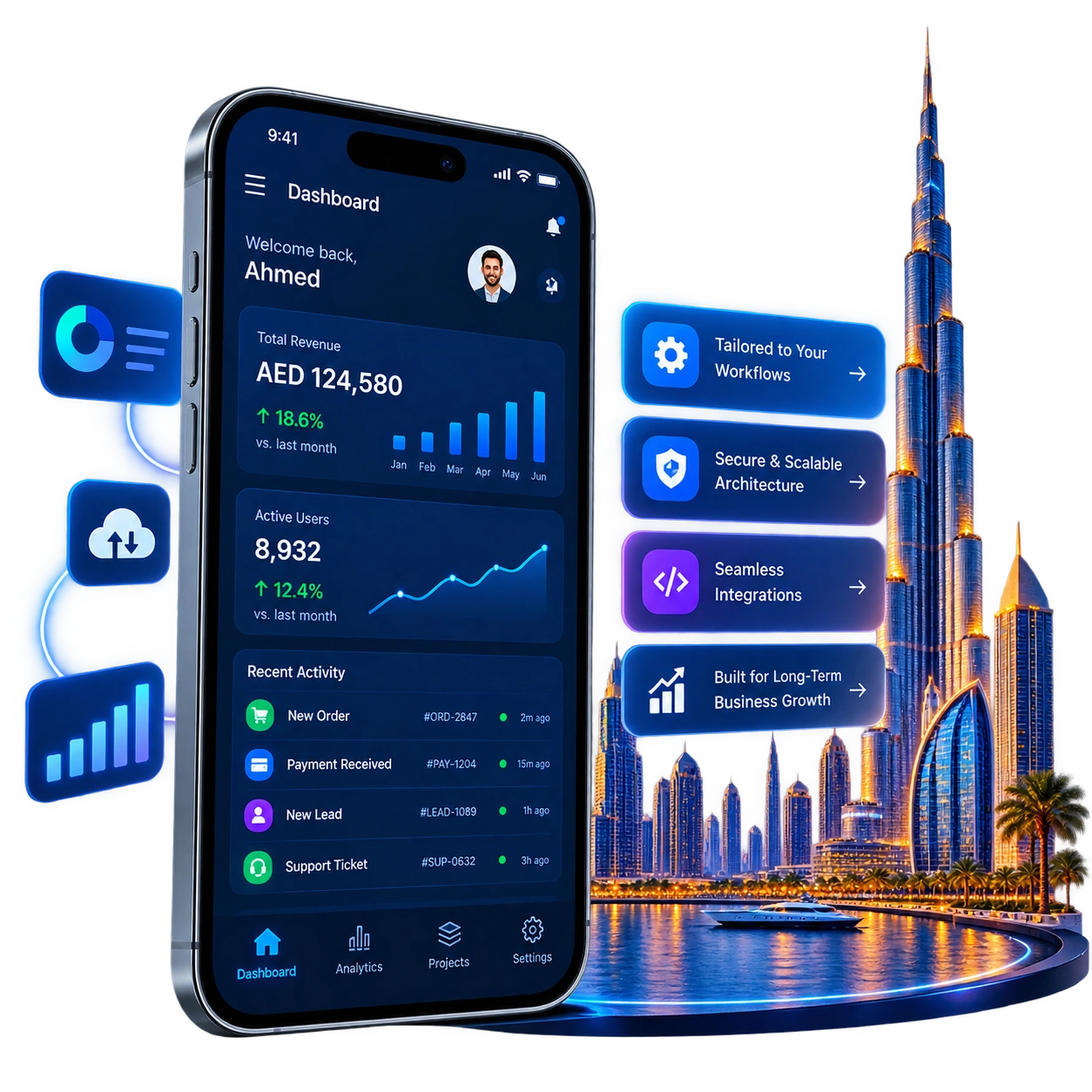 Custom mobile app dashboard mockup for Dubai businesses