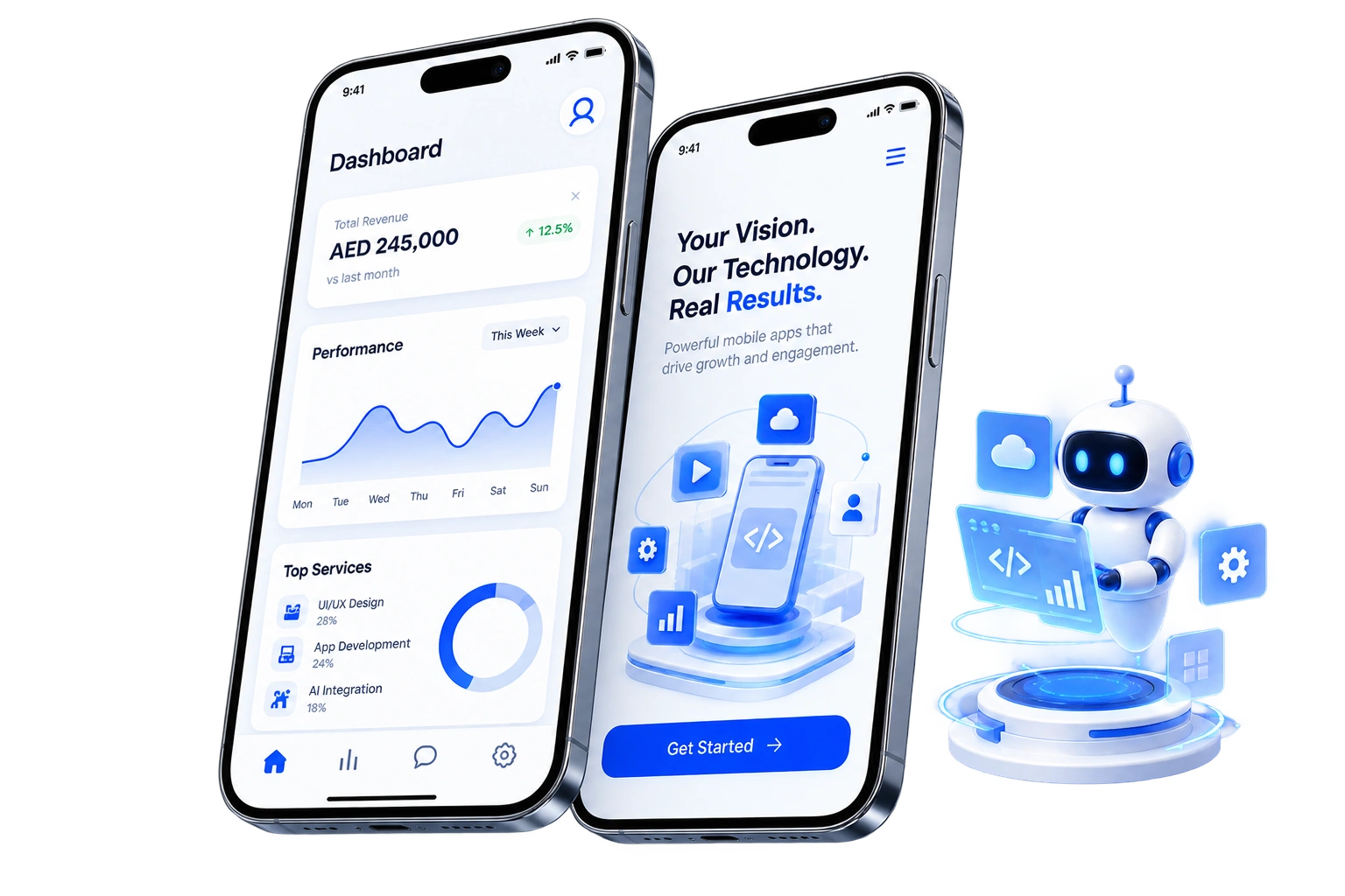 SISGAIN mobile app dashboard and AI mobile application mockup for Dubai businesses