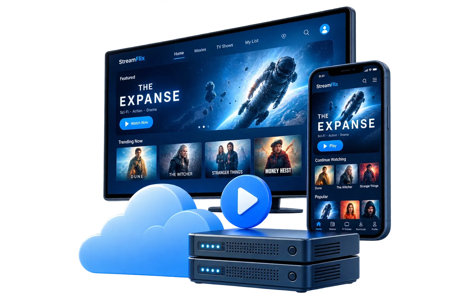 OTT platform architecture shown across TV, tablet and mobile devices