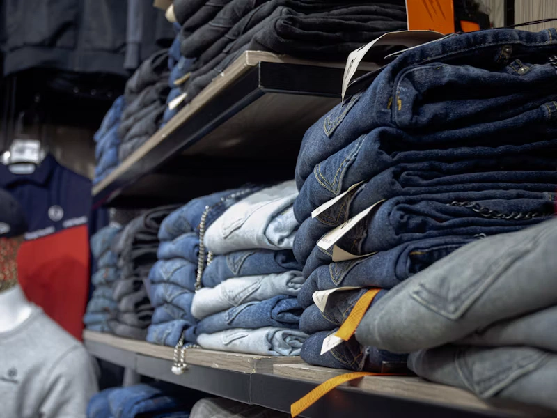 Rack of jeans and apparel inside a fashion store