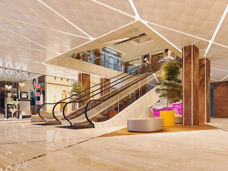 Modern shopping mall interior with escalators and retail stores
