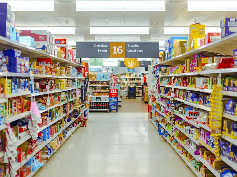 Supermarket grocery aisle stocked with packaged goods