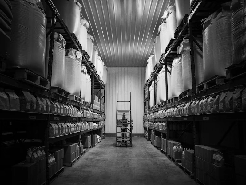 Warehouse shelves stocked with boxes for wholesale distribution