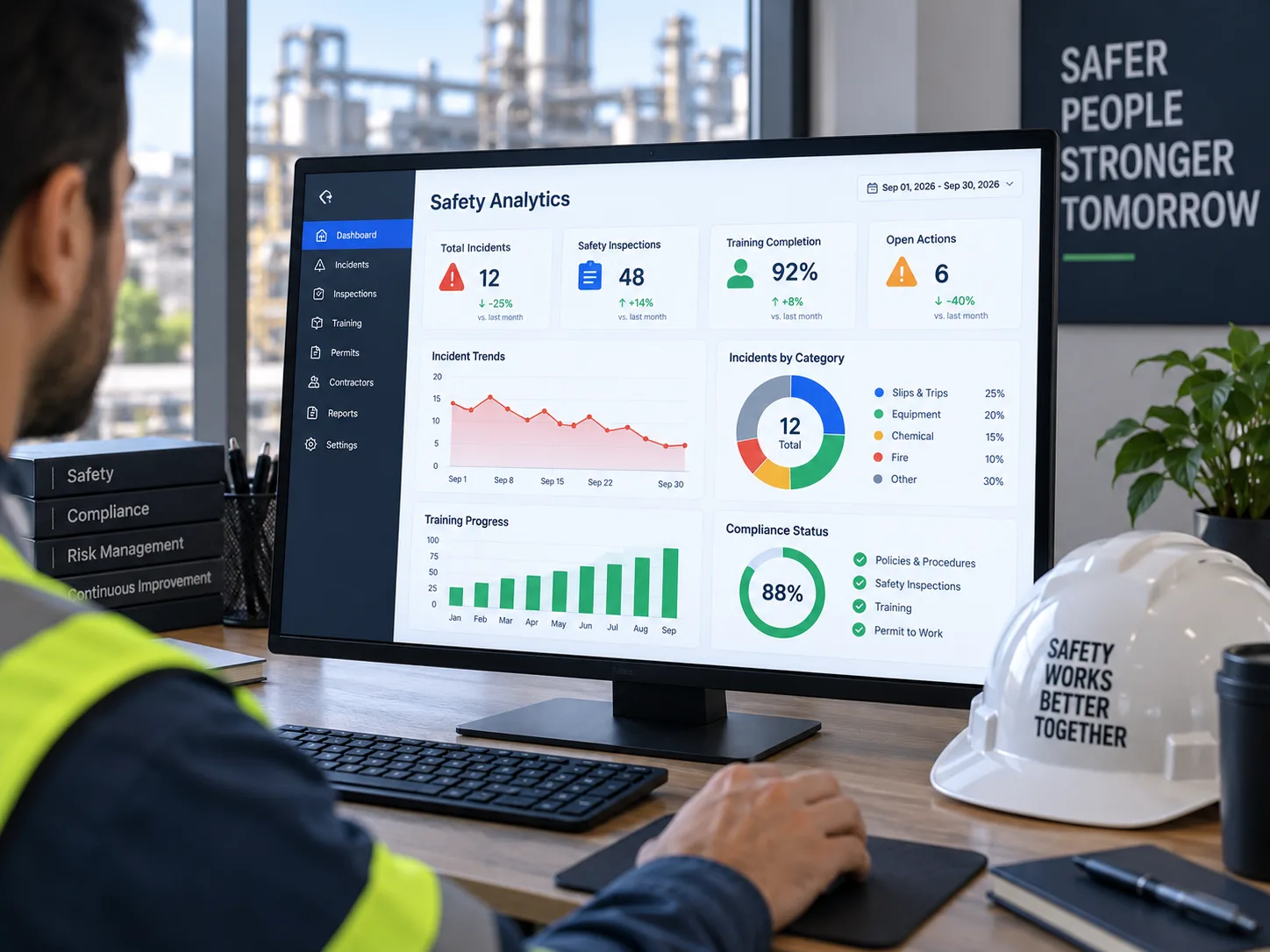 Safety analytics dashboard showing incident and compliance trends across sites