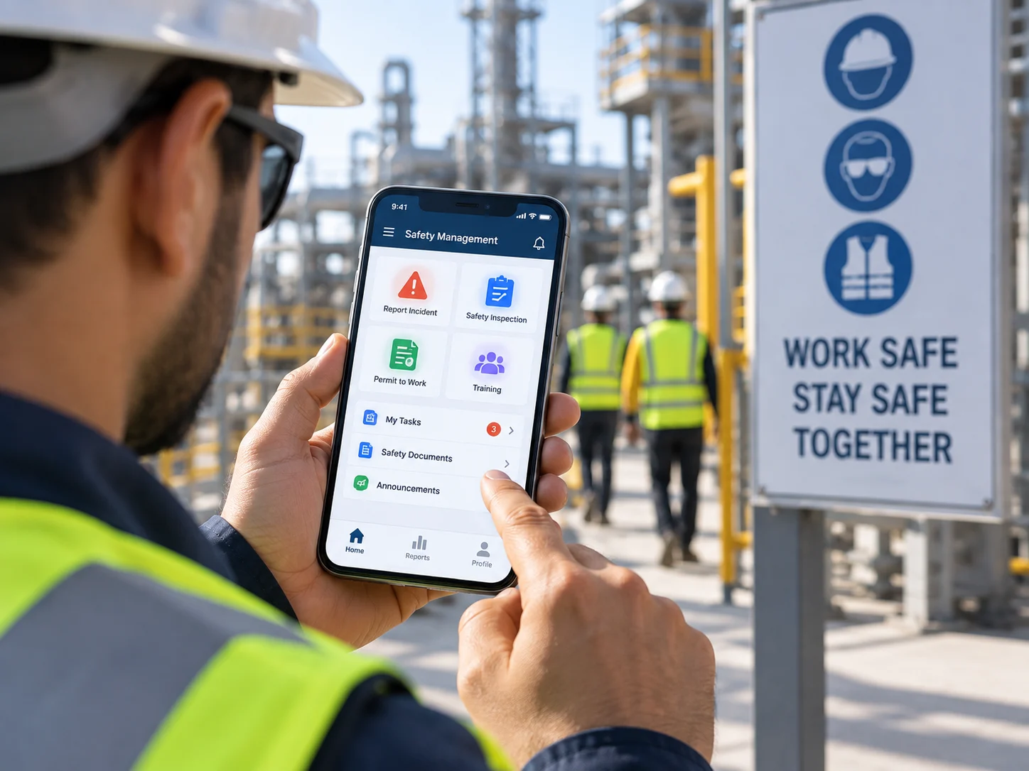 Field worker completing a safety inspection checklist on a mobile device