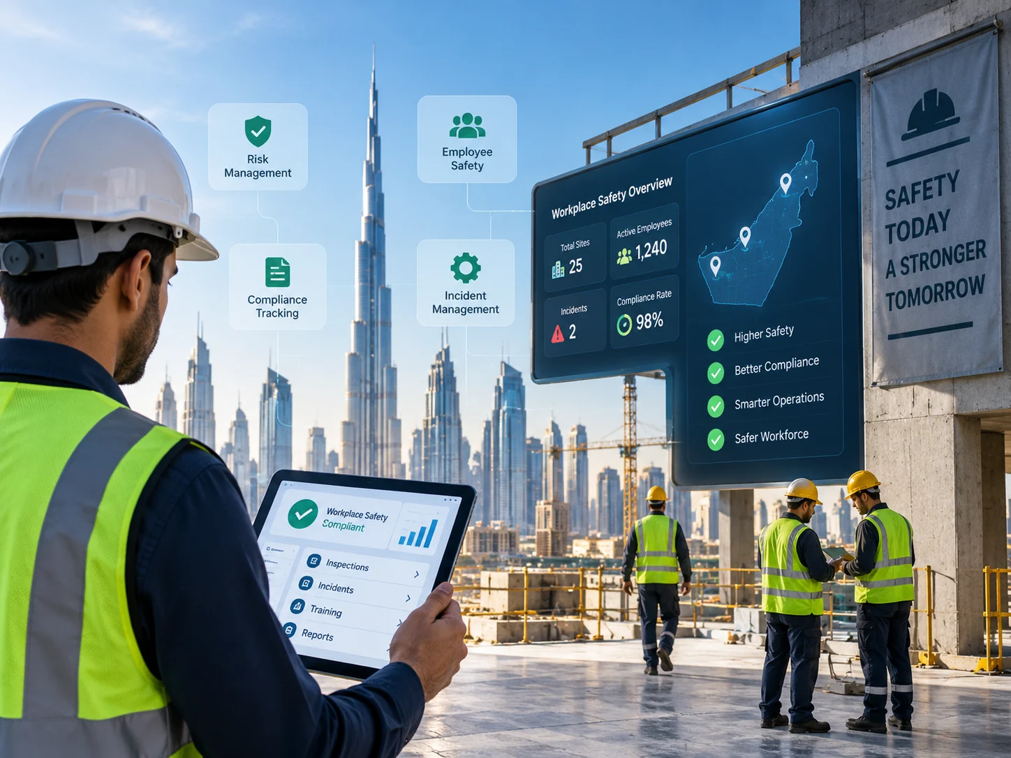 HSE team reviewing multi-site safety operations across the UAE