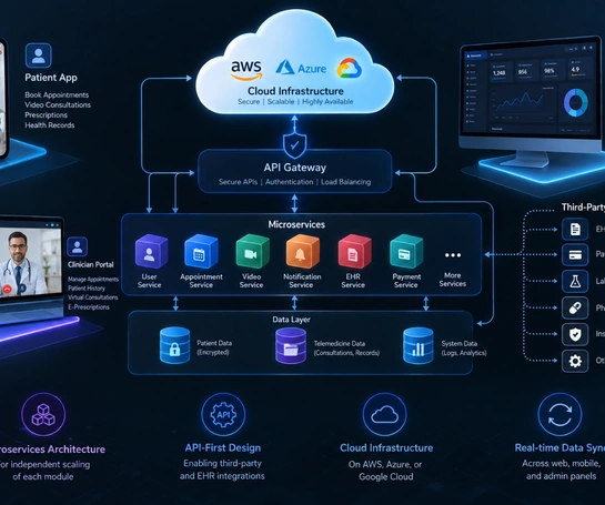 Diagram-style view of a cloud-based telemedicine microservices architecture