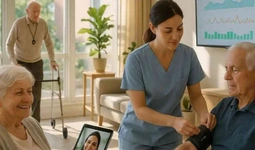 Caregiver monitoring an elderly patient's vitals remotely