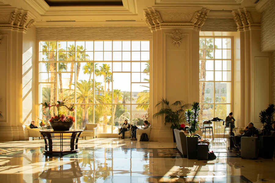 Elegant hotel lobby, representing hotel booking and guest technology