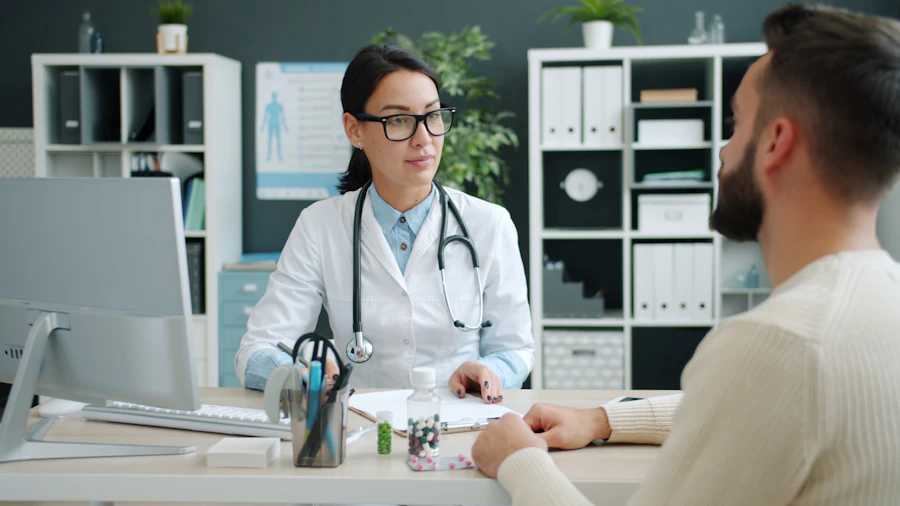 Doctor consulting with a patient in a medical office, representing medical tourism technology