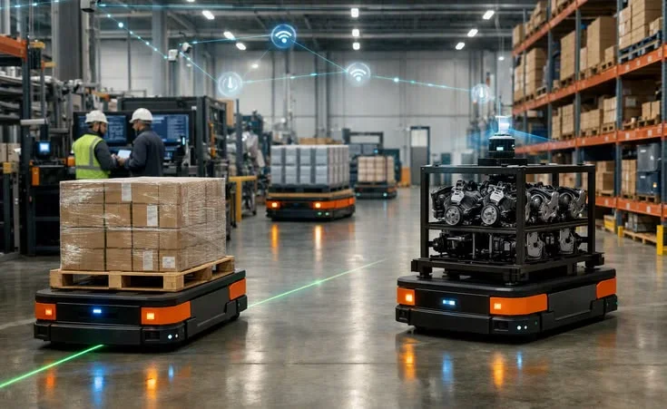 Warehouse staff scanning pallets with a handheld device connected to a WMS