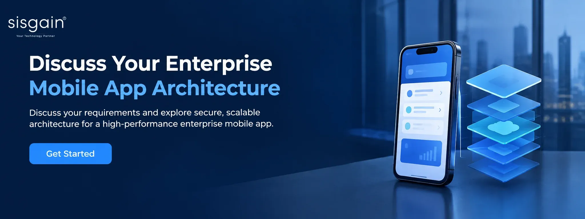Enterprise mobile app architecture banner with CTA