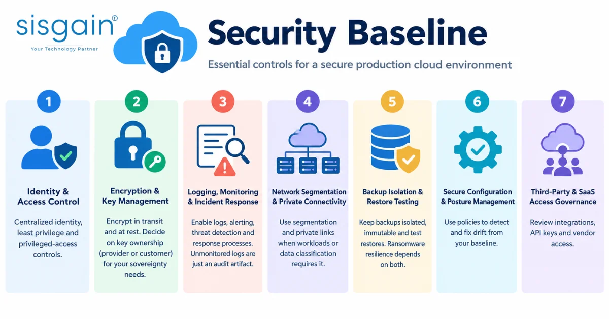 Cloud security baseline checklist for access, encryption, monitoring and backups.