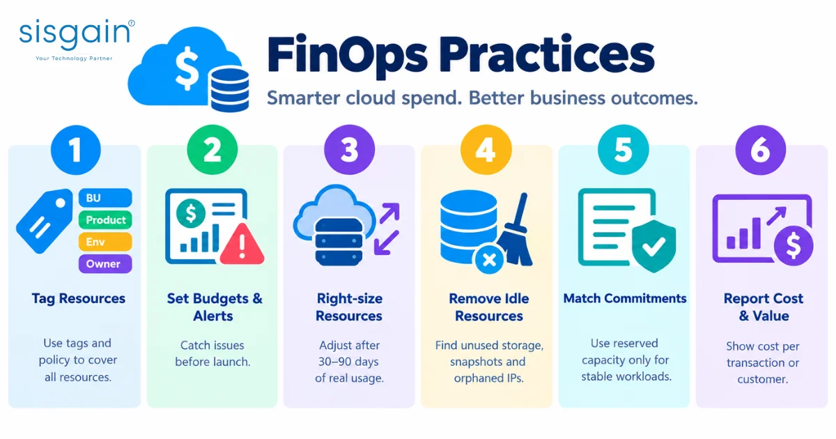 FinOps infographic for cloud cost optimization, budgeting, and resource management.