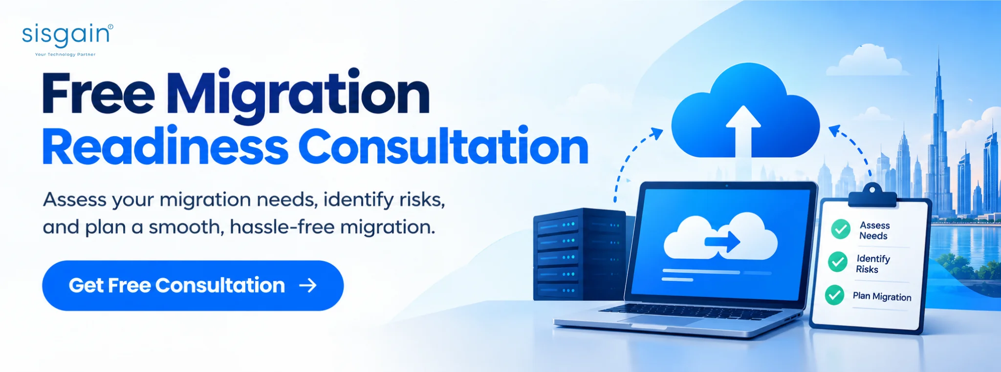 Free migration readiness consultation banner with cloud technology.
