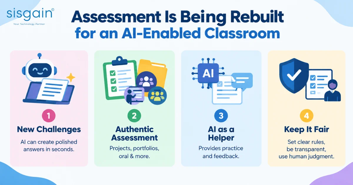 AI-enabled classroom assessment infographic with four key strategies