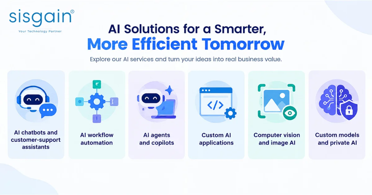 AI solutions infographic showing six key AI service categories