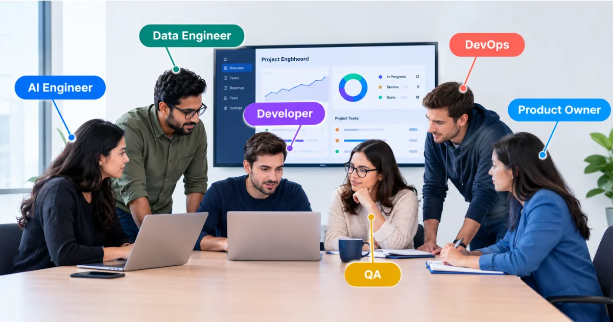 AI engineering team collaborating on software development
