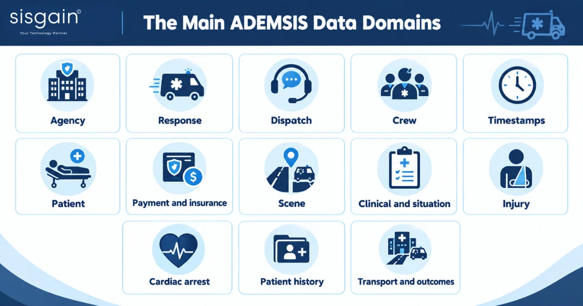 ADEMSIS data domains infographic with 13 key categories