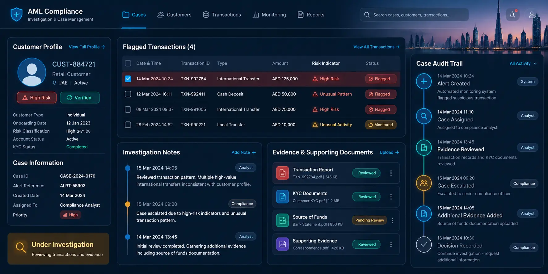 AML investigation case management system with evidence and audit trails