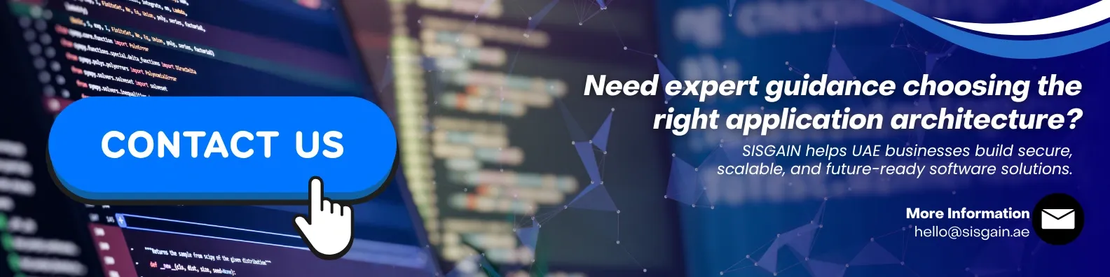 Promotional banner showcasing secure, scalable software development services for UAE businesses with a contact call-to-action
