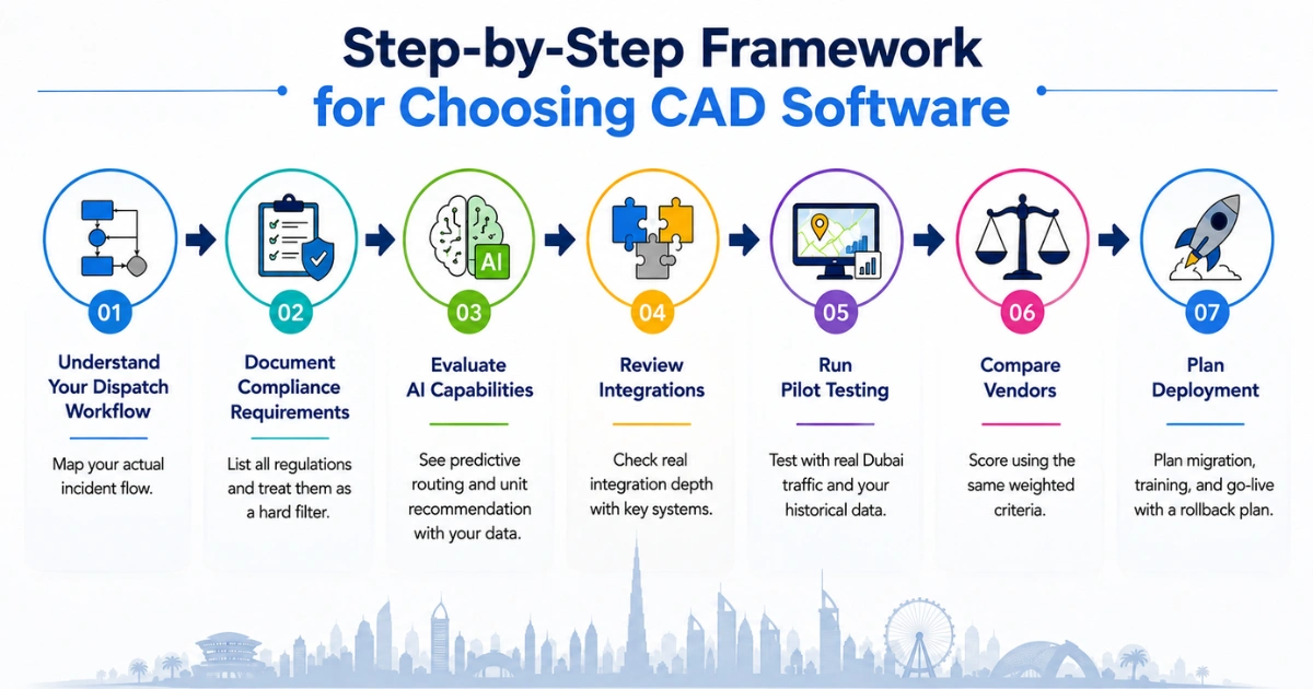 CAD software selection 7-step framework infographic
