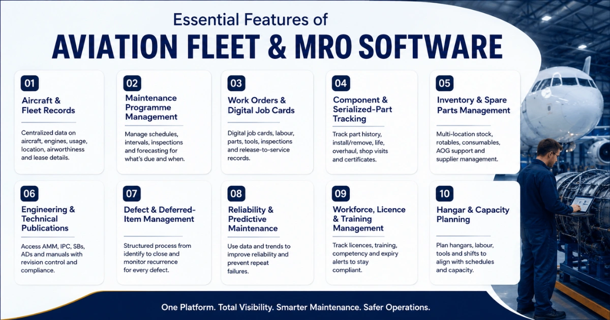 Aviation fleet and MRO software essential features infographic